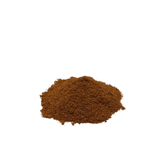 Finely ground, orange-brown black haw bark in a pile