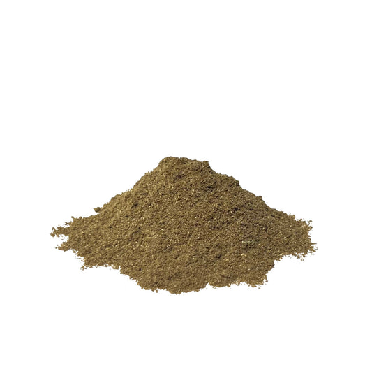  Pile of blessed thistle herb powder on a white background