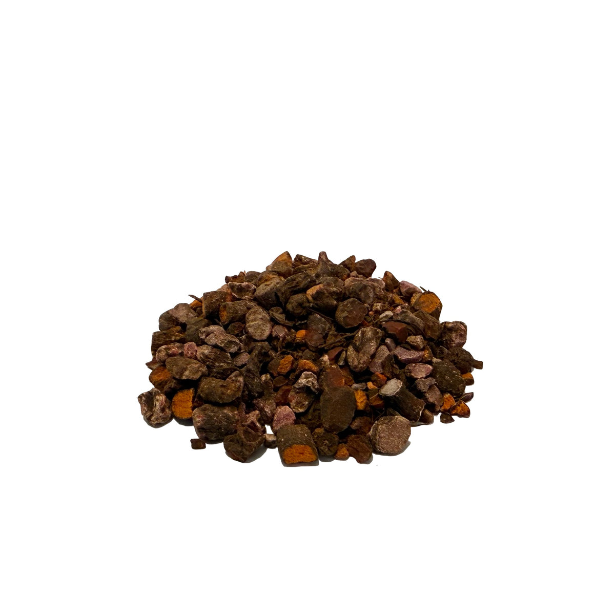 Slices of bloodroot rhizomes, dried orange, in a small pile
