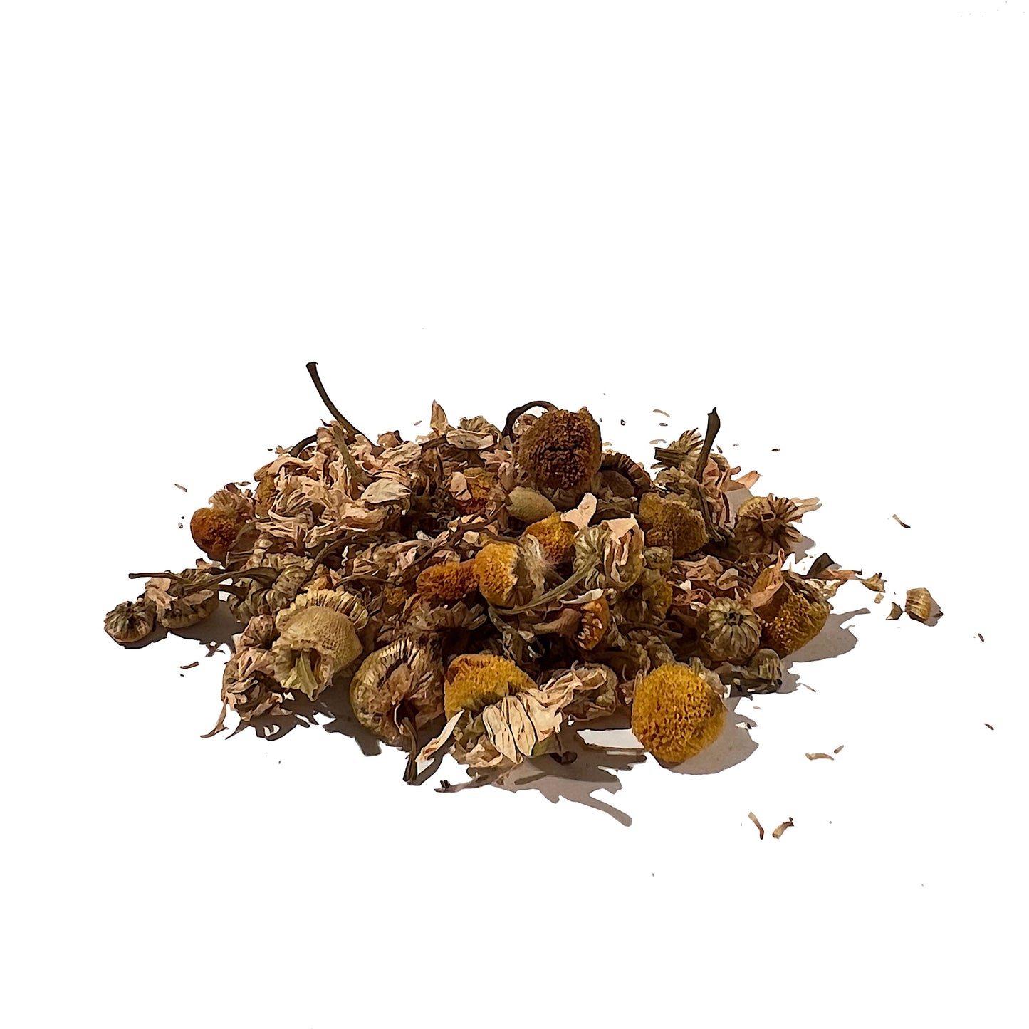 Whole dried chamomile flowers piled on a white background