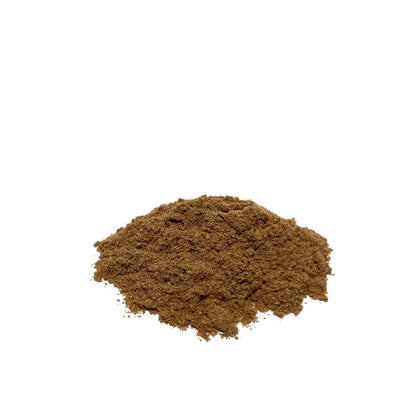 Small pile of medium brown (chamomile) powder on a white background.