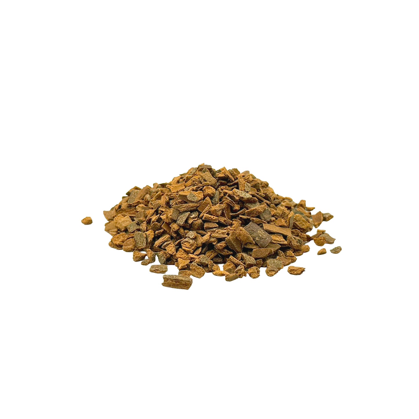 A small pile of reddish-brown cinnamon bark chips on a white background