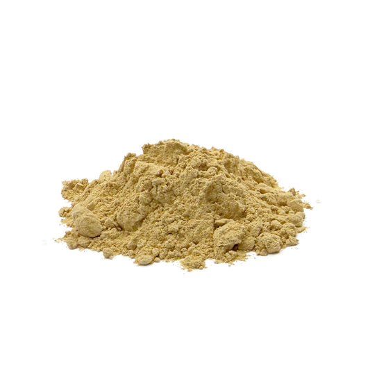A small mound of fine, beige citrus bioflavonoid powder on a seamless white background.