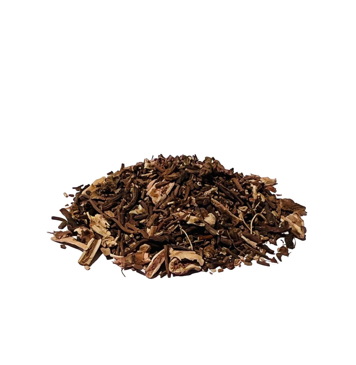 Dried pieces of black Culver’s root piled on a white background