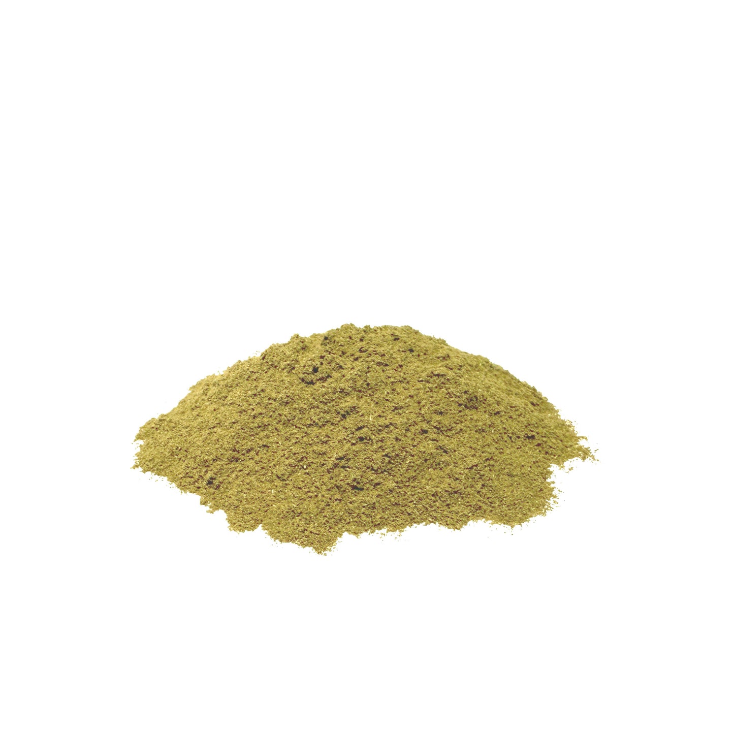 A small mound of fine olive-green dandelion leaf powder on a plain white background.