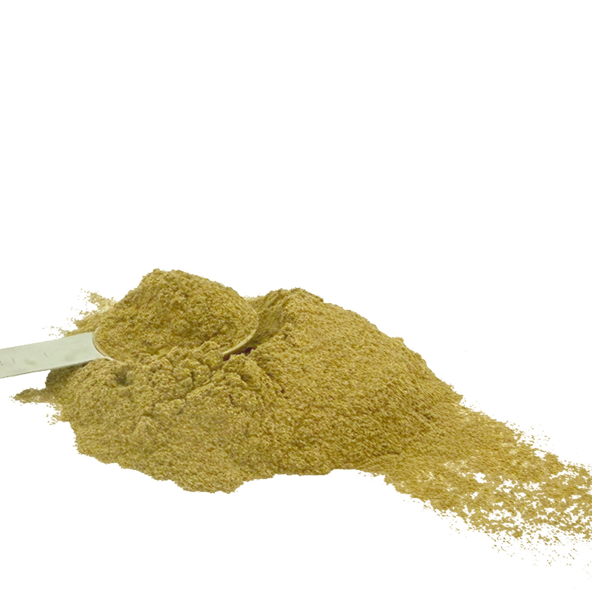 A pile of fine, light, greenish-brown powder with a metal scoop on a plain white background.