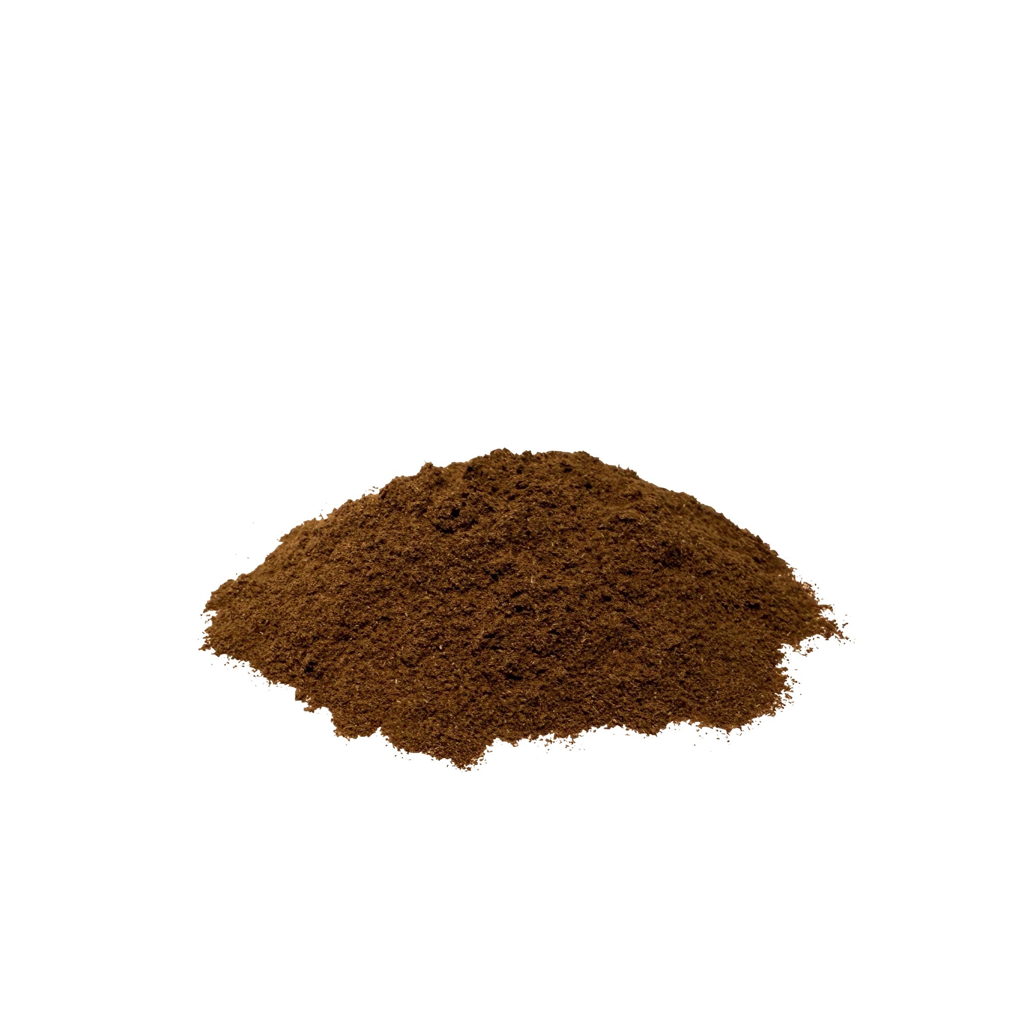 Medium brown dandelion leaf powder piled on a white background