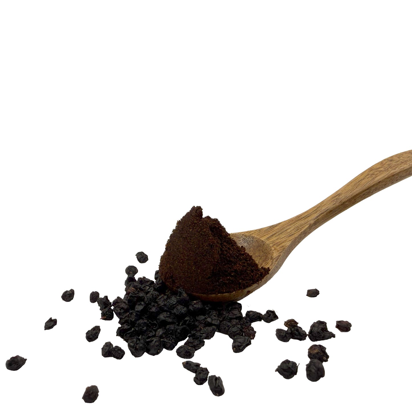A wooden spoon filled with a scoop of dark elderberry powder sitting on a small pile of loose dried elderberries on a plain white background.
