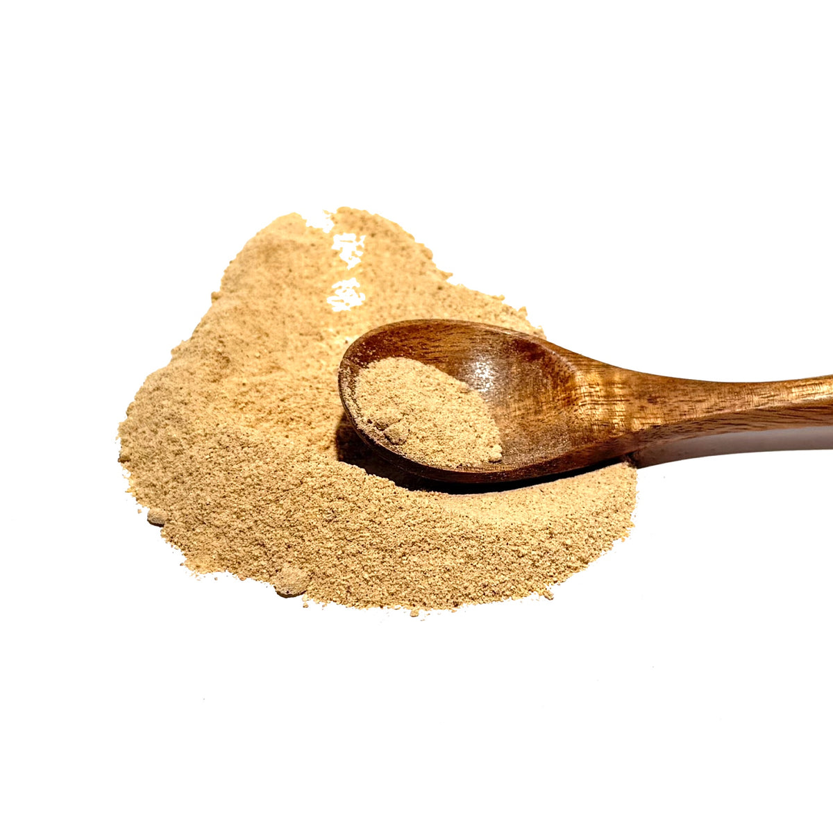 Wooden spoon scooping from a pile of ginseng powder
