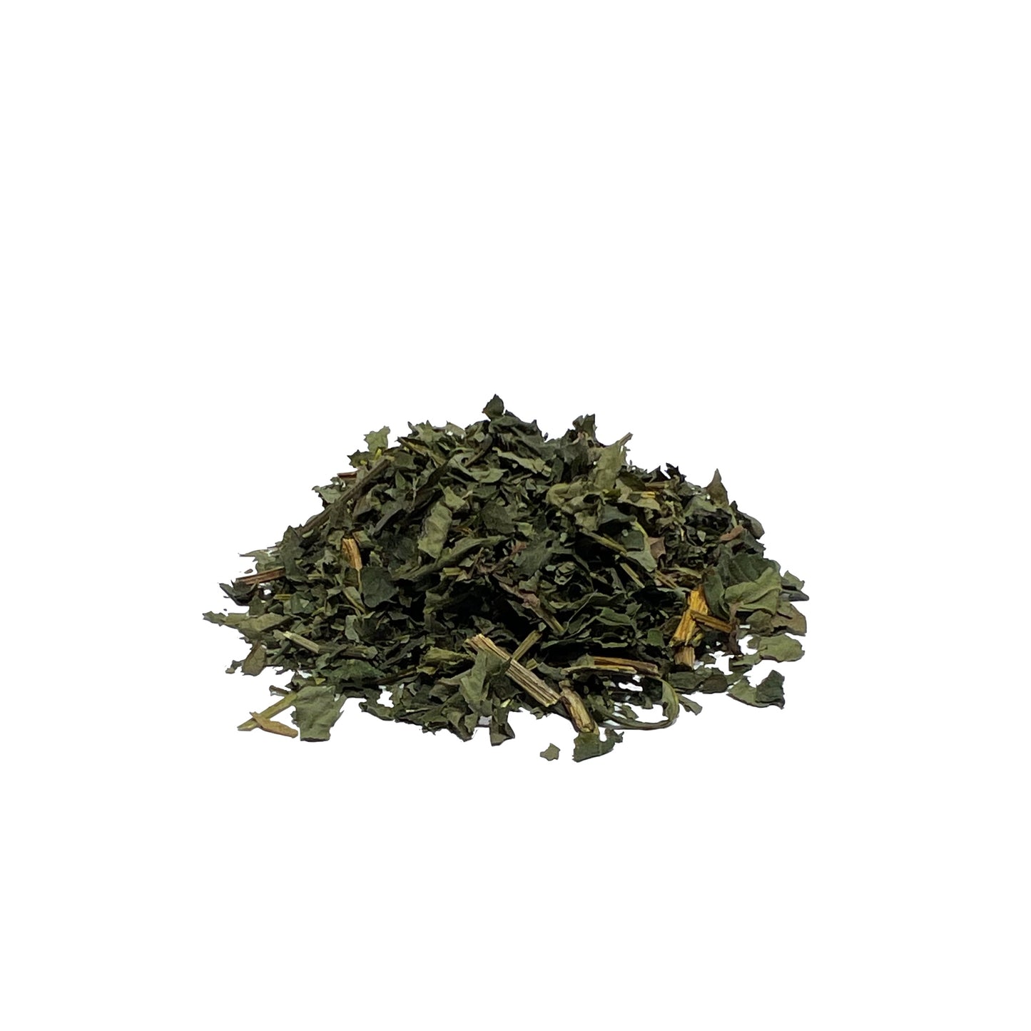 Dried goldenseal leaves and stems piled on a white background
