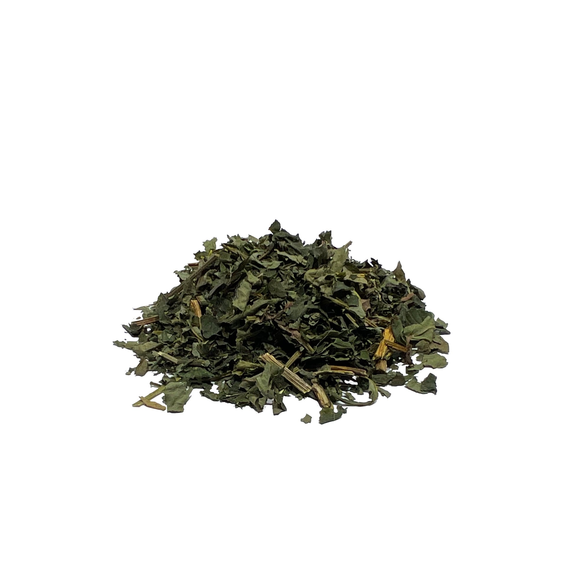 Dried goldenseal leaves and stems piled on a white background
