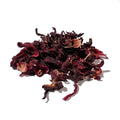 Curled, dried hibiscus flowers in dark burgundy tones