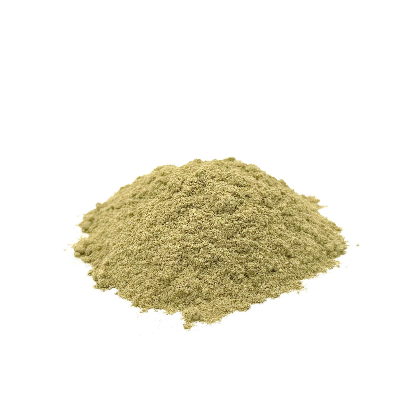 A small mound of fine light olive-tan powder on a plain white background.