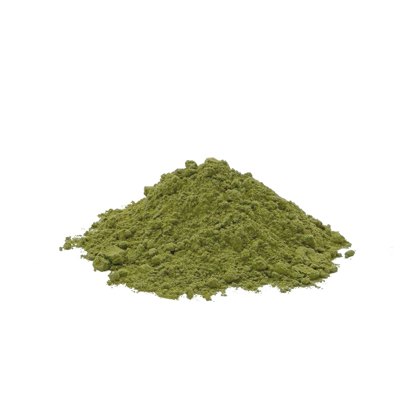 A small mound of green kale powder centered on a plain white background.