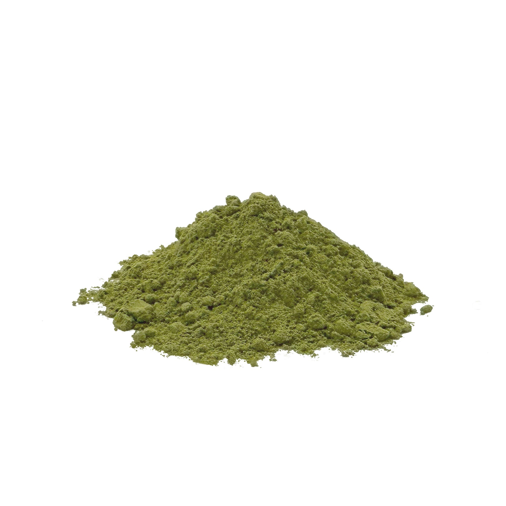 A small mound of green kale powder centered on a plain white background.