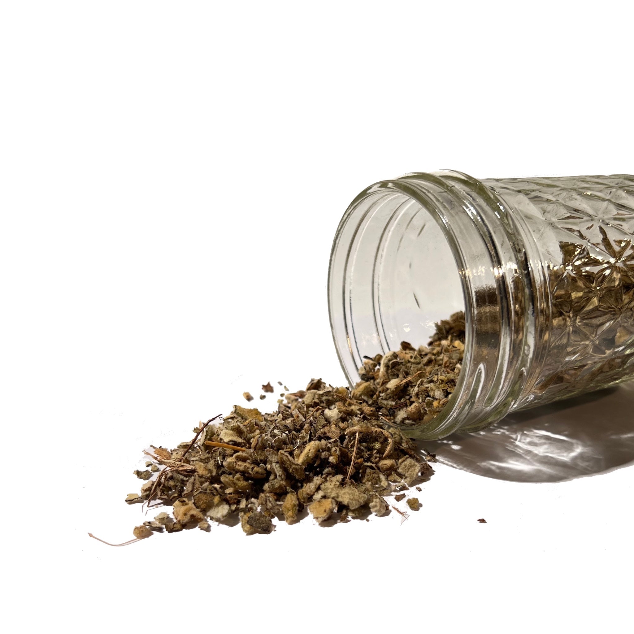 Greenish brown dried mullein leaf spilling from a Mason jar