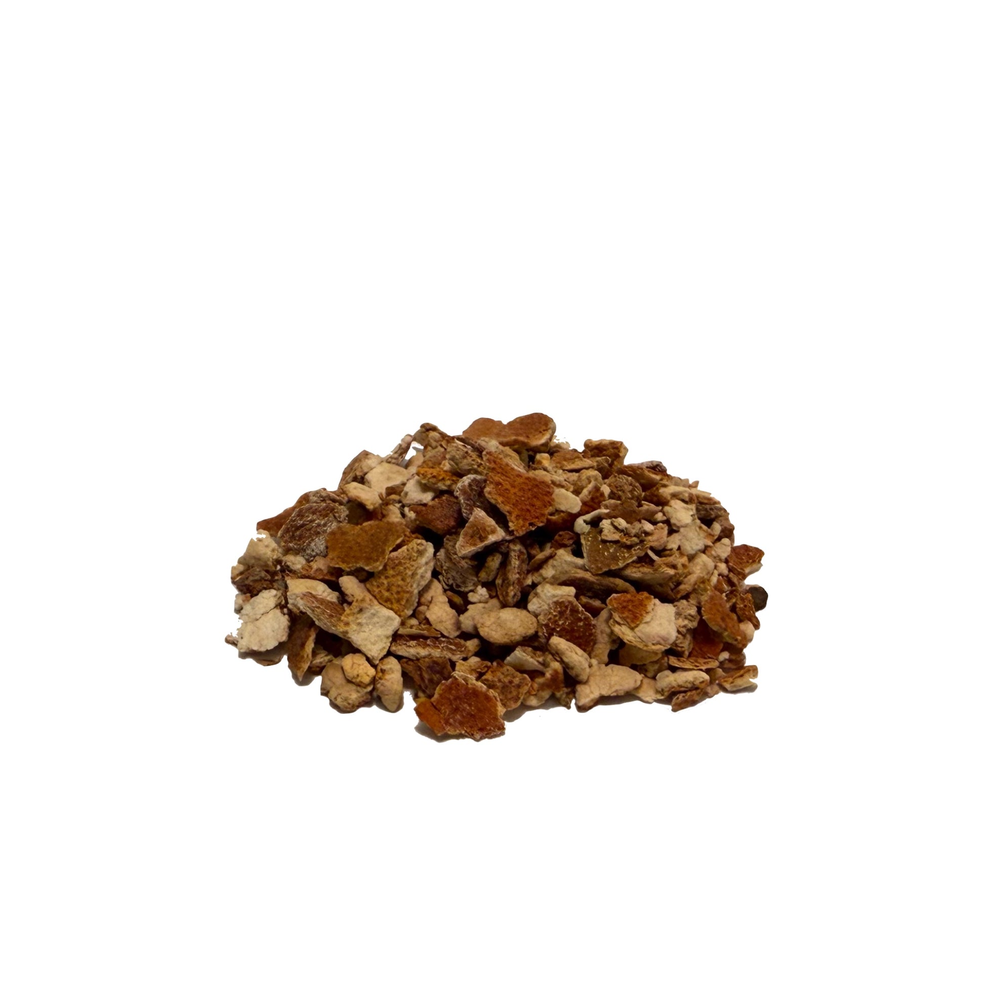 Pebble-sized pieces of dried orange peel on a white background
