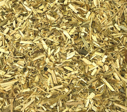 A close-up view of cut and sifted passionflower herb in natural tan and light brown tones, filling the entire frame.