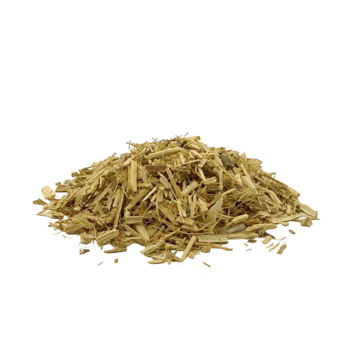 A small pile of dried, passionflower herb pieces in natural tan and light brown shades, photographed on a seamless white background.