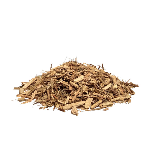 Pile of dried, cut and sifted passionflower herb on a white background