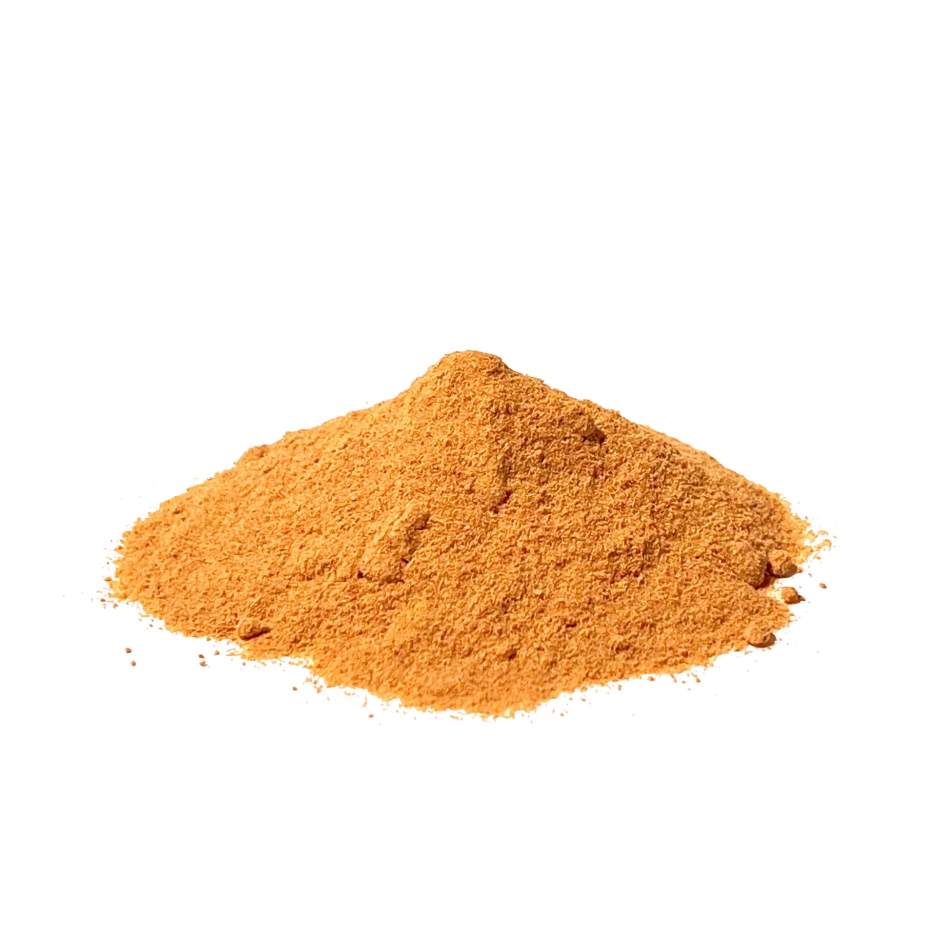 Yellow-orange rose hip powder piled on a white background