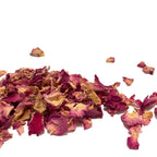 Dried pink rose petals scattered on a white background
