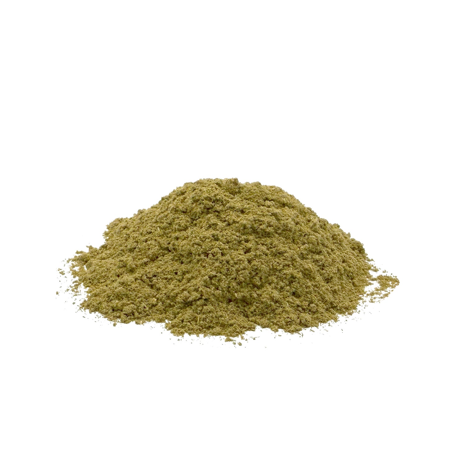 A small mound of light greenish brown sage leaf powder on  a white background.