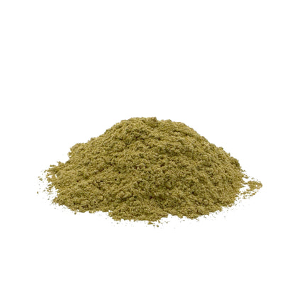 A small mound of light greenish brown sage leaf powder on  a white background.