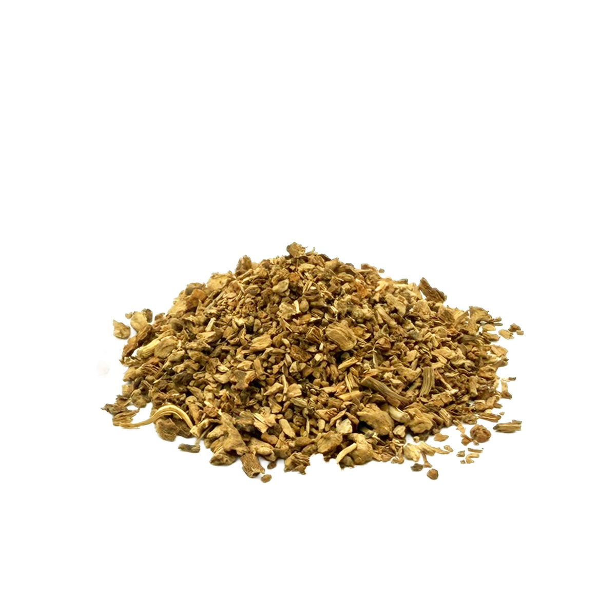 Pile of dried, brown cut and sifted sarsaparilla root on a white background.