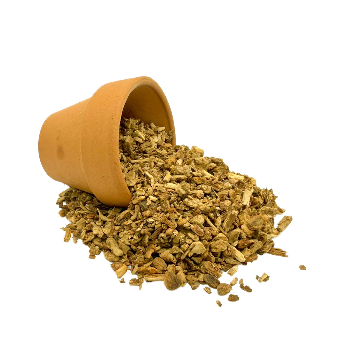 An unglazed terracotta pot lying on its side with dried, cut and sifted sarsaparilla root spilling out onto a white background.