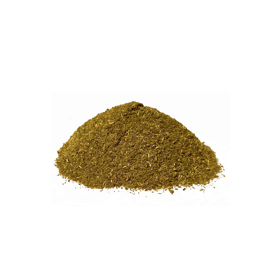 Greenish yellow herb, finely ground, piled on a white background
