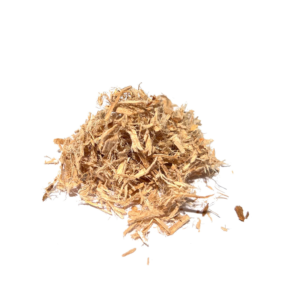 Tan slippery elm bark fibers piled on a white background