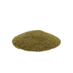 A small mound of fine brownish-green leaf powder centered on a plain white background.