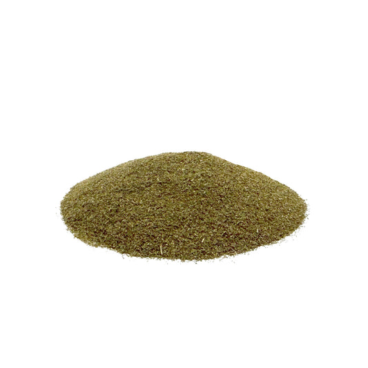 A small mound of fine brownish-green leaf powder centered on a plain white background.