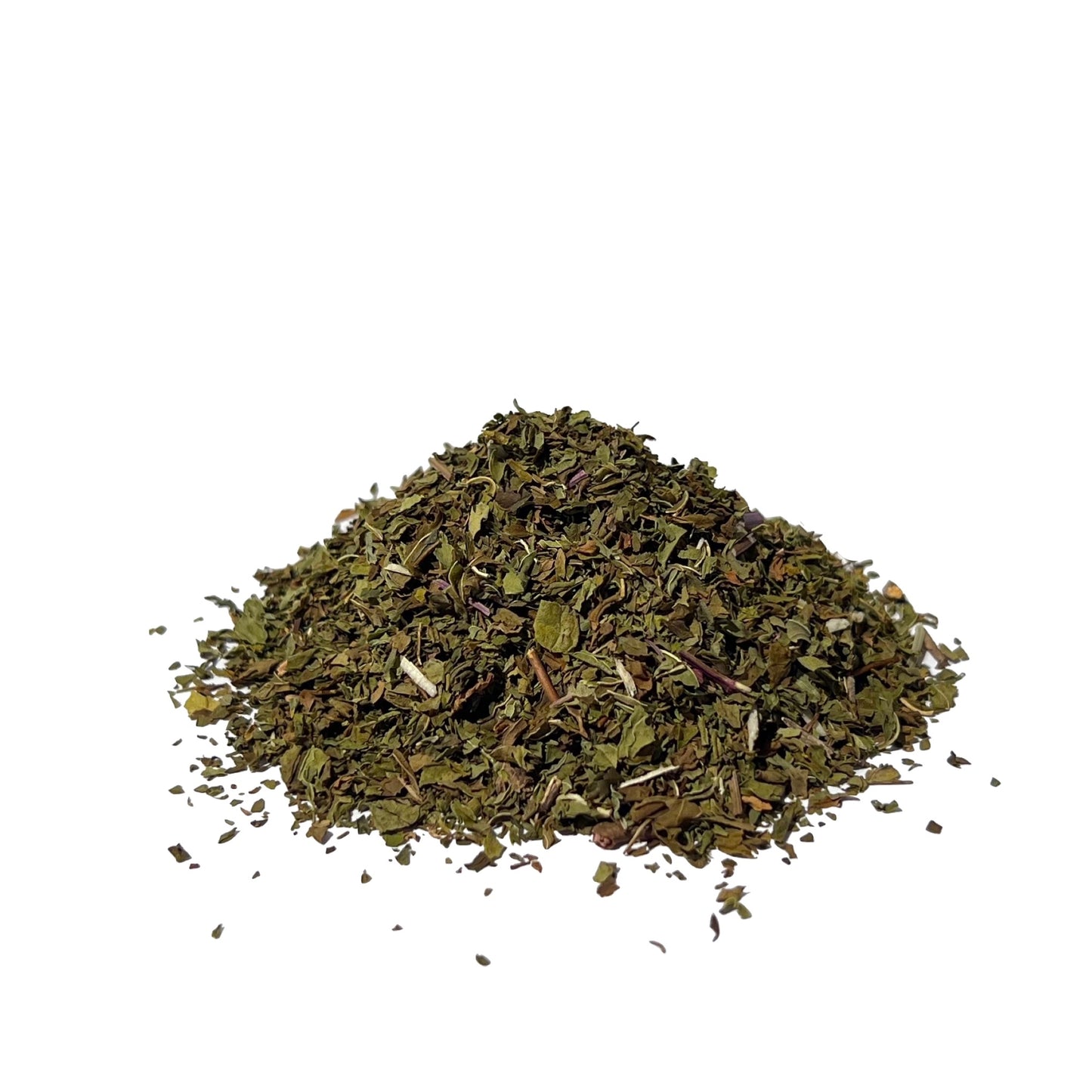 Dark green dried spearmint piled on a white background