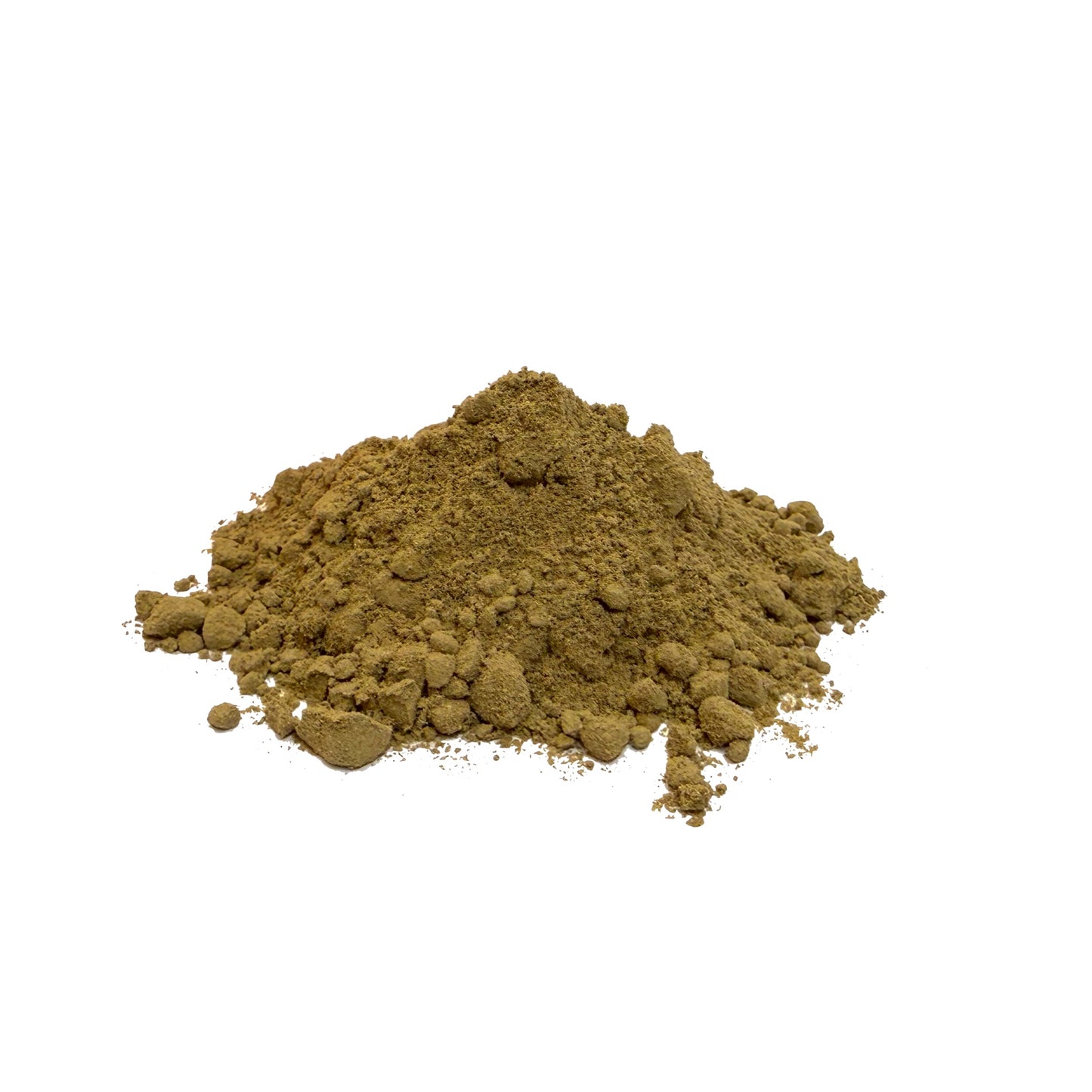 Mound of greenish stevia leaf powder on a white background.