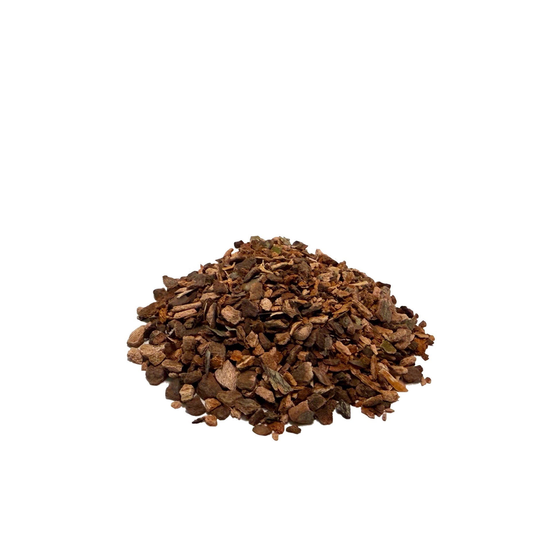 Pile of wild cherry bark chips in shades of dark brown, reddish brown, and tan