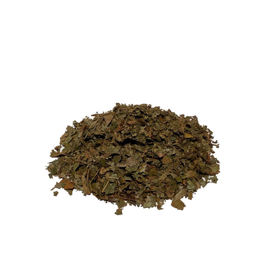 Green and brown dried witch hazel leaf flakes, piled on a white background.