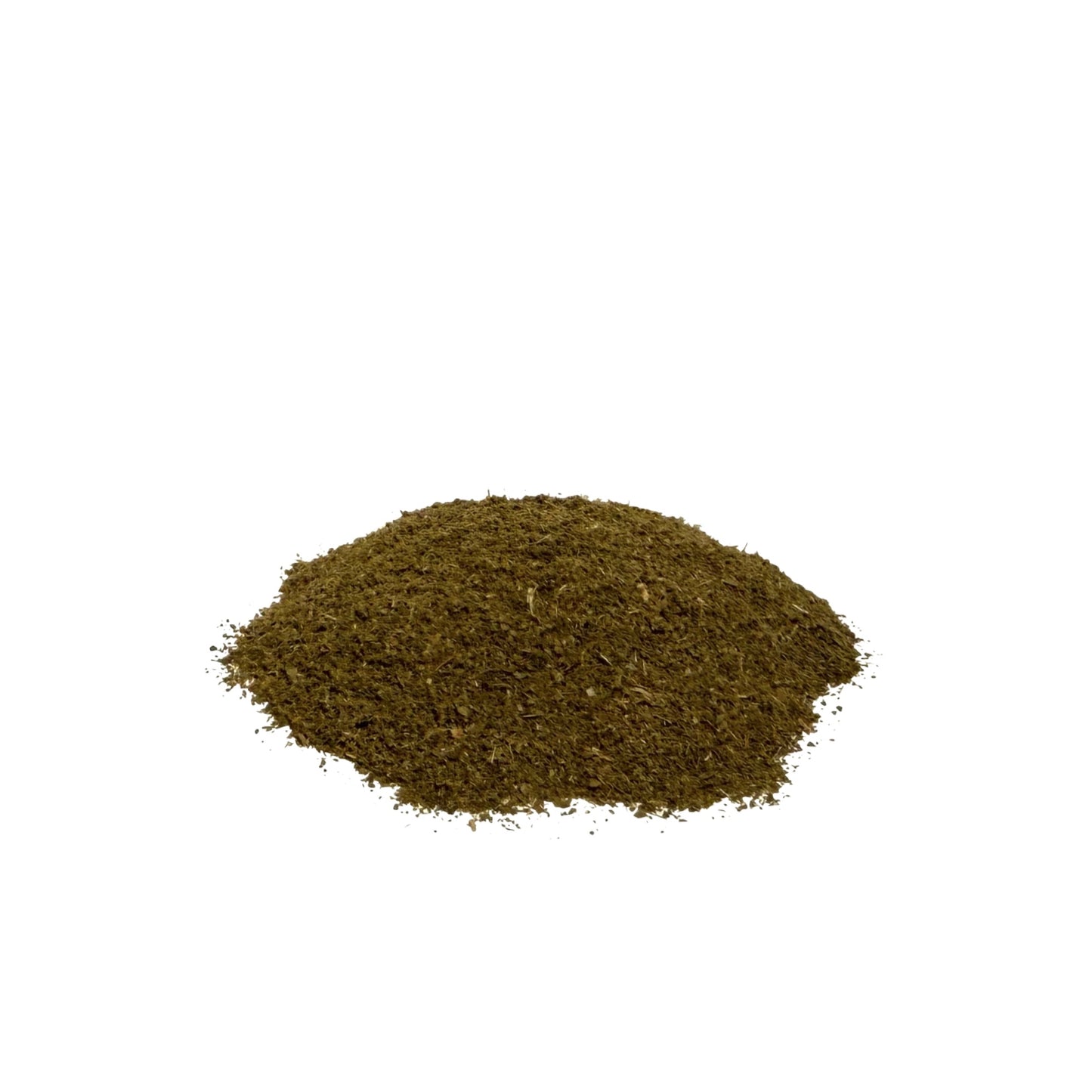 Pile of greenish brown powdered witch hazel leaf on a white background