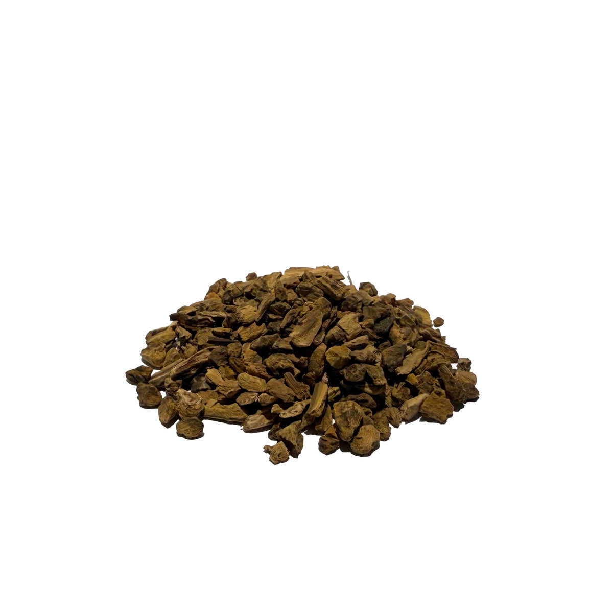 Golden brown pieces of dried yellow dock root in a pile
